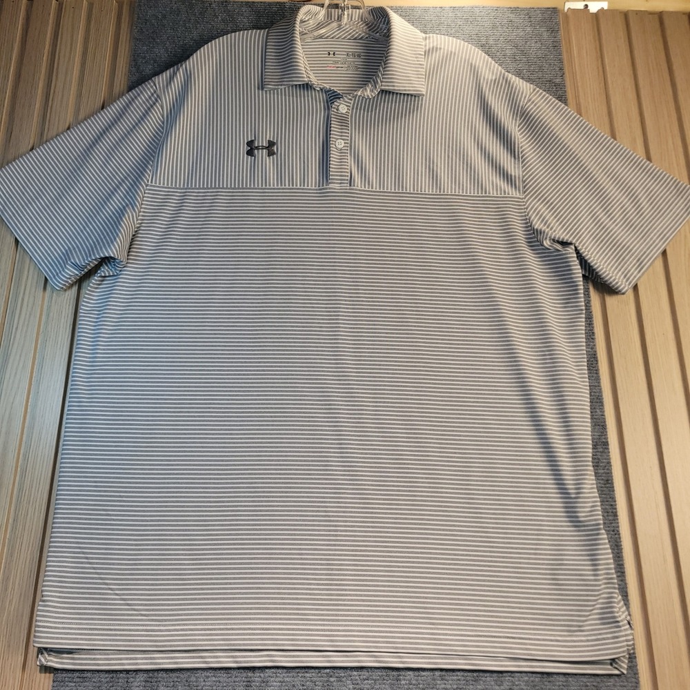 Under Armour Polo Mens XL Grey White Striped HeatGear Loose Fit Short Sleeve